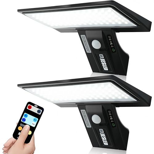 JESLED Luz Solar Exterior, 90 LEDs Focos Led Exterior Solares con Sensor De Movimiento, 2600mAh 3 Modos Luces Solares con Control Remoto, IP65 Impermeable Aplique Lampara para Jardín, 2 Paquete