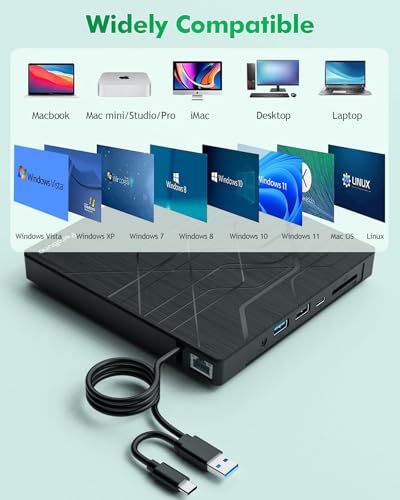 Image of Super External CD DVD Drive, USB 3.0 DVD Burner with Ethernet Adapter, 3 USB and 2 TF /SD Card Ports, CD DVD Player Reader Writer Optical Disk Drive for Laptop PC Mac Windows Linux with Carrying Case