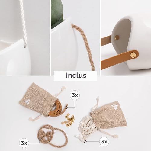Kazai. Pots de Fleurs Muraux -Ellie- | Pots de Fleurs Suspendus en Céramique 3 pièces | Décoration Murale pour Intérieur, Balcon et Jardin | Blanc (Brillant) – vue 2