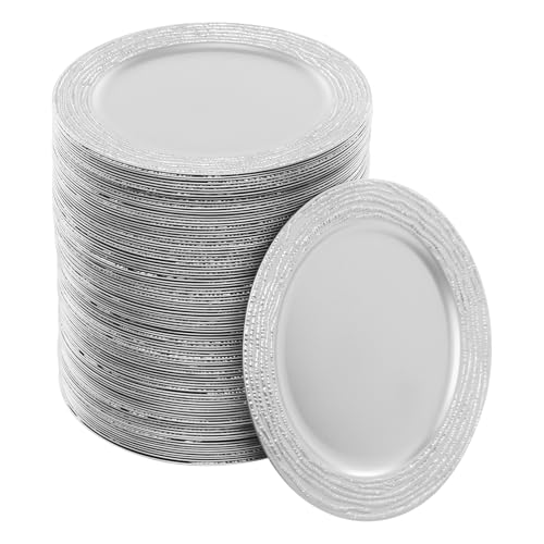 100 platos cargadores redondos de plástico 13 pulgs plateados miniatura 1