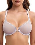 Deyllo Damen Bügle-BH mit Vorderverschluss Sexy Transparent Bra Ungepolsterter, Durchsichtiger Schöner Rücken Netz-BH für Rückenfreies Outfit Aschlavendel 90E