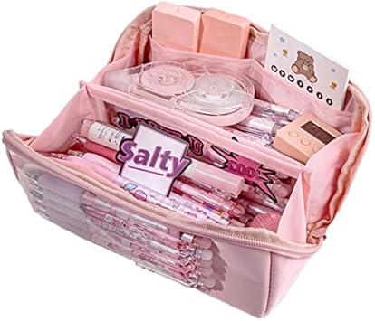 Big Capacity Pencil Case 8 Compartments Large Pencil Pouch Pen Bag Pencil Box Holder Organizer Simple Storage Aesthetic Stationery Cosmetic for Adults Men Women College Office Essentials Pink