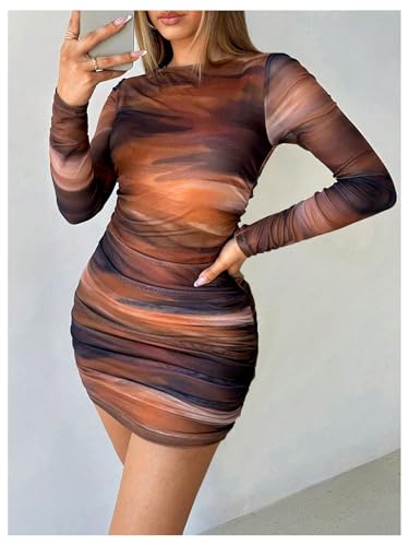 Image of Milumia Women's Tie Dye Ruched Round Neck Long Sleeve Dress Bodycon Mini Dresses