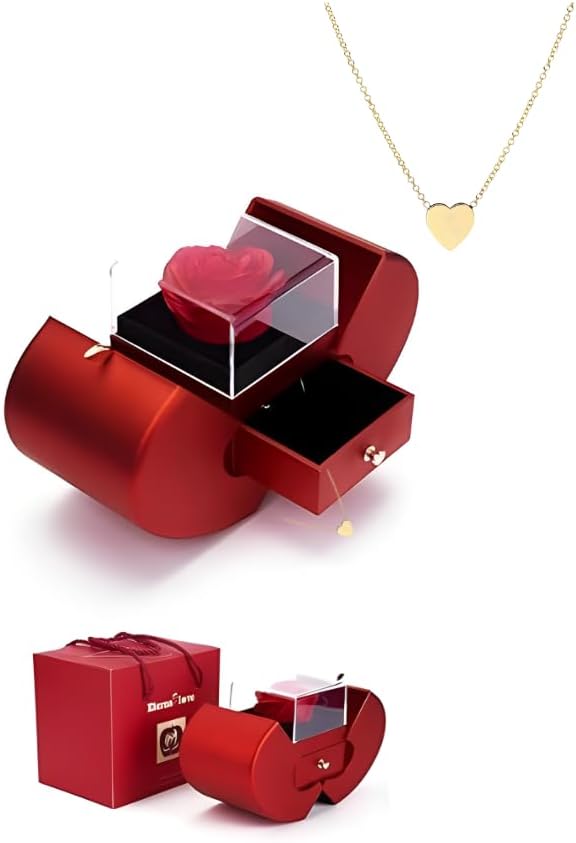 FATIOPreserved Red Rose with Heart shape Necklace in Heart Shape Jewelry Box-Valentines Day Gifts for Her Forever Red Rose Gifts for Girlfriend Mom Grandma Birthday Mothers Day for Women (Golden Necklace)