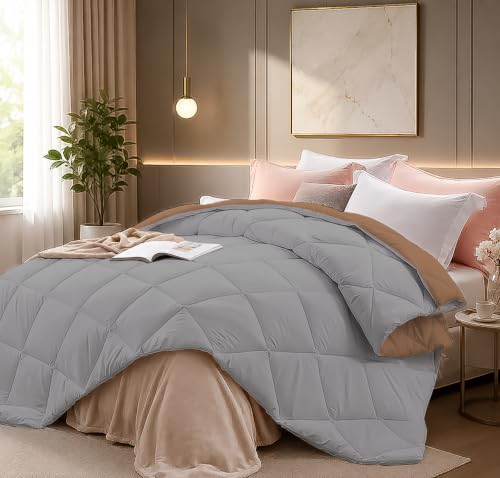Image of Super Comfort Microfiber 300 GSM Reversible Winter Comforter for Double Bed Rajai /Blanket Diamond Stitch (90 inch x 100 inch Inches /228cm x 254cm) - Comforter Double Bed|Silver /Beige
