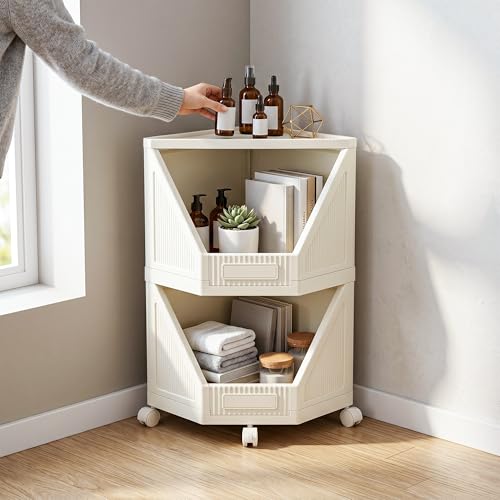 Image of VERAT 2 Tier Plastic Corner Storage Cabinet Foldable Cupboard with Layer Locking System Multipurpose Storage Organizer Rack for Clothes Books Toys and Home Decor White (Off White)