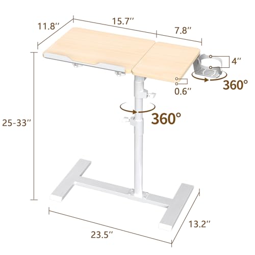 YUHFERA Rolling Table for Laptop Stand, Height and Angle Adjustable Over Bed Table with Wheels, Tilt-Top Laptop Desk for Couch with Cup Holder, Bed Table Tray for Eating (Oak)