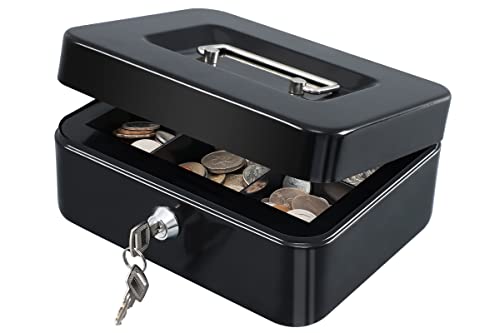 KYODOLED Medium Cash Box with Money Tray,Small Safe Lock Box with Key,Cash Drawer,7.87 x 6.30 x 3.54 Black Medium