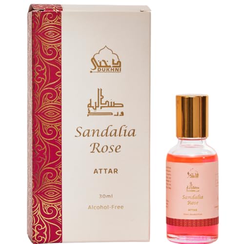 Sandalia Rose Attar Oil by Dukhni | Long Lasting Arabic Perfume Oils for Men and Women | Rose Attar, sandal, sandalwood oil | 30ml Pure Roll On Attar, Non alcoholic, Vegan Perfume