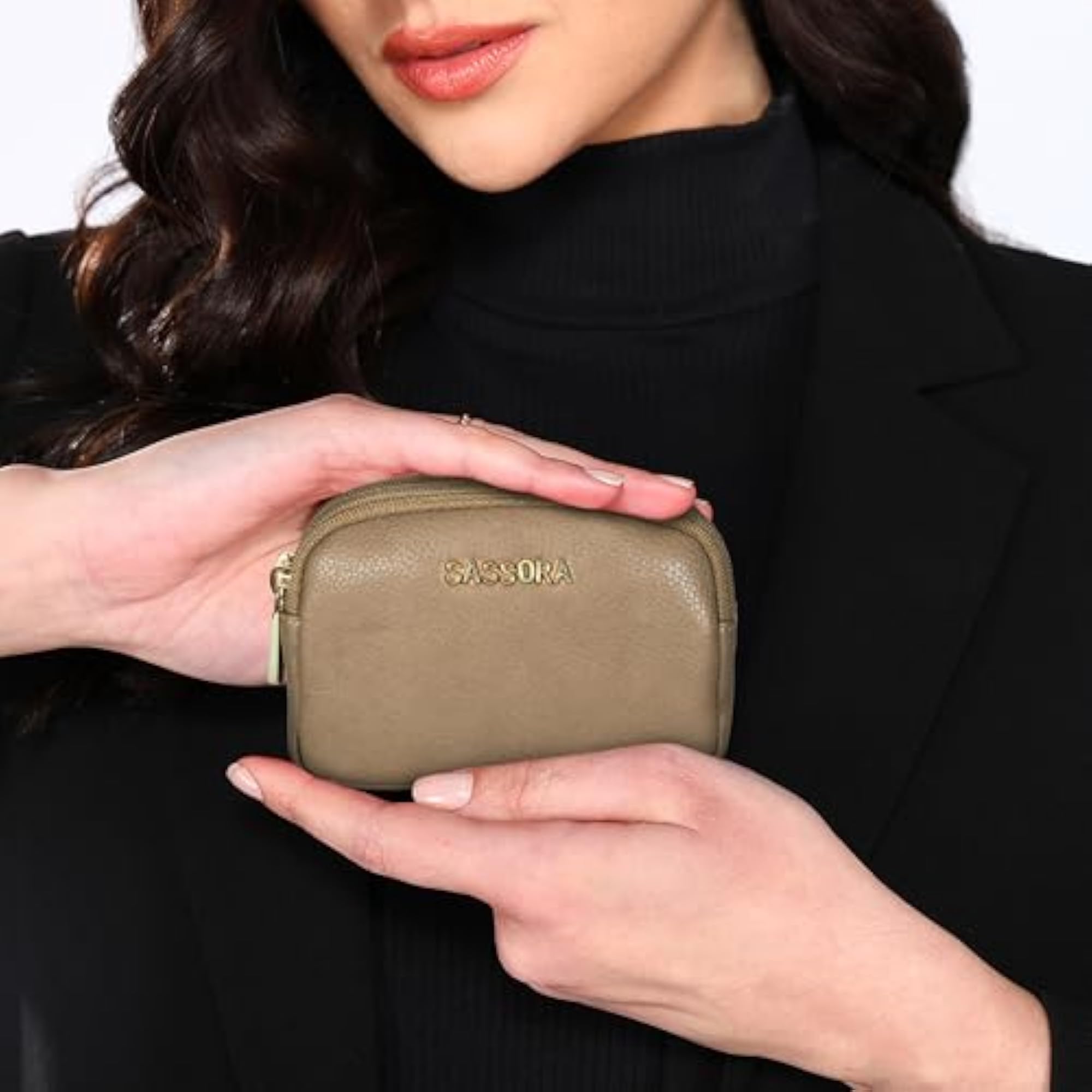 Genuine Leather Mini Pouch for Women, Taupe