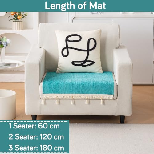 Image of HOKIPO 'Serenity Tassel' Chenille 1 Seater Sofa Cover with Tassel - Ocean Teal (IN-890-SBL)