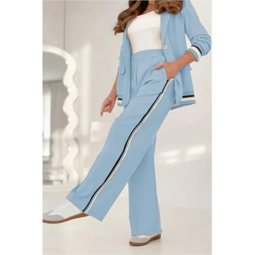 Temperament Solid Color Ribbed Suit Set, Women's Lapel Solid Color Striped Casual Blazer and High Rise Straight Leg Pants Set3