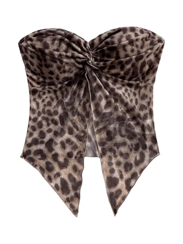 WDIRARA Women's Leopard Print Twist Tube Top Split Front Strapless Asymmetrical Bandeau Top