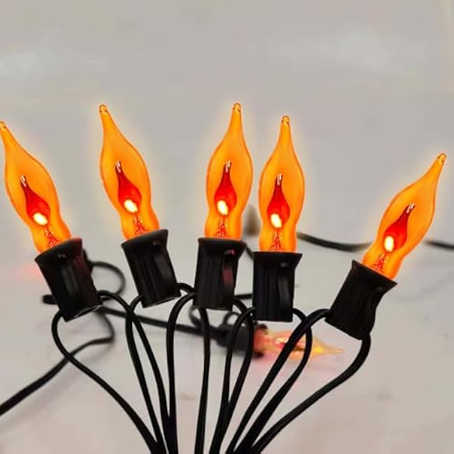 C18 Halloween Flicker Flame String Lights, 10FT Flickering Flame Shaped Bulb Dances with a Flickering Clear Orange Glow, 1 Watt-Black Wire