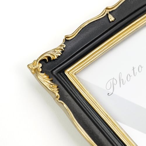 Vintage Picture Frame 5x7 Black and Gold Frame, Ornate Textured Hand-Crafted Resin Photo Frames with Glass Front, Decorative Picture Frame for Wall & Tabletop, Antique Frame Home Decor