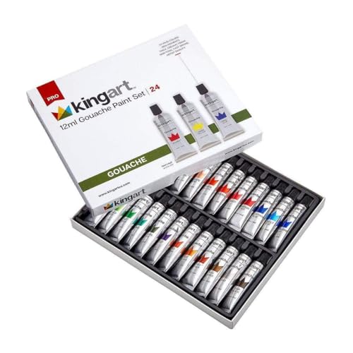 KINGART 534-24 PRO GOUACHE Paint Set, Set of 24 Unique Colors, 12ml Tubes, Non-toxic, water-based paints
