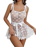 Avidlove Sexy Lingerie for Women Heart Bow Tie Mesh Babydoll Lingerie Lace Chemise Sleepwear with Belt(White,L)