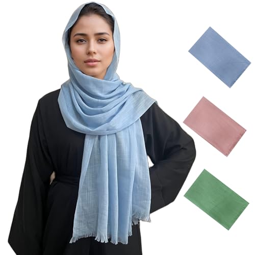 3PCS Packed Bamboo Slub Cotton Feeling Hijab With Short Fringe Trim Plain Breathable Women's Turban Scarf Shawl