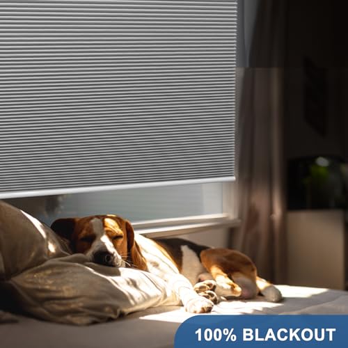 Cordless Cellular Blinds Blackout Shades Honeycomb Blinds Window Fabric Blinds Grey-White, 34x64 inch