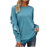 Damen Oberteile Langarmshirt Damen Tops, Einfarbig Rundhals Plissiert Langarm Tunika Bluse Freizeit Loose Pullover