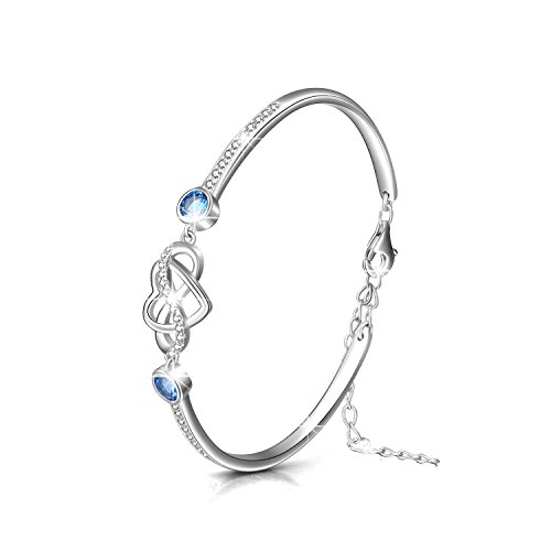 Image of AOBOCO 925 Sterling Silver Infinity Endless Love Heart Birthstone Bangle Bracelet - I Love You Forever Series Adjustable 6-8 in Bracelet with Crystals from Austria Romantic Birthday Jewelry Gift for Women Wife Girlfriend