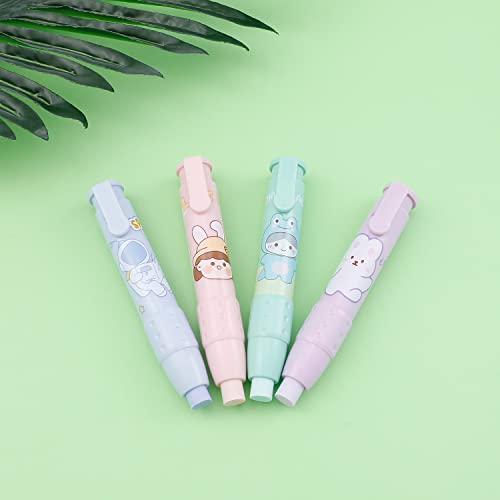 Cute 4Pcs Pen-Style Erasers With 8 Retractable Eraser Refills Cartoon Pen Shaped Erasers #TOP6