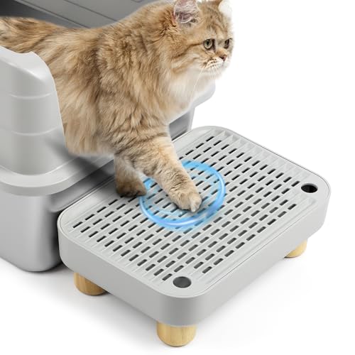 Bartuke Cat Litter Box Step Ramp Cat Litter Catcher Mat with Wooden Feet Filter Function Pedal Stool for Self-Cleaning Litter Box Ideal for Kitten & Elderly Cats(Light Grey)
