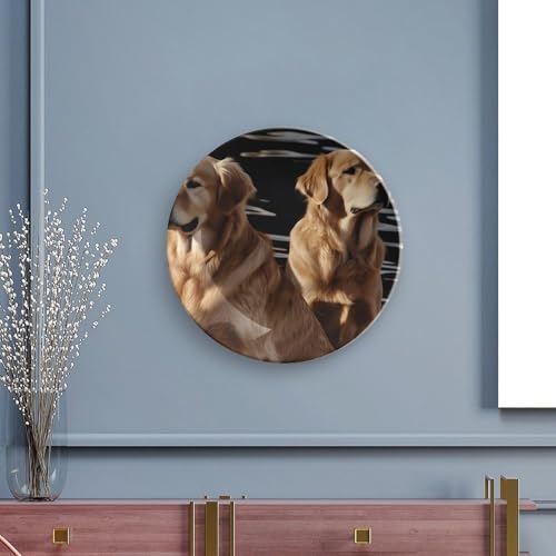 QWJKM Dekorative Teller aus Knochenporzellan, Golden Retriever, Salatteller, Porzellan, Dessertteller, Serviergeschirr, Kunstdekoration, Ornament für Wohnzimmer, Tisch, Küche, 18 cm