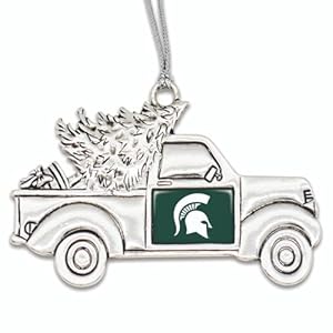 Michigan State Spartans Vintage Truck Ornament with Team Logo Silver Metal Tree Decoration