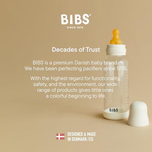 Image of BIBS Baby Glass Bottle. 8 US fl oz / 240 ml. Anti-Colic. Vented Round Natural Rubber Latex Nipple. Supports Natural Breastfeeding, Medium Flow, Complete Set - Baby Blue