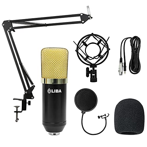 Kit Estudio Microfone Condensador Profissional Completo Preto e Dourado