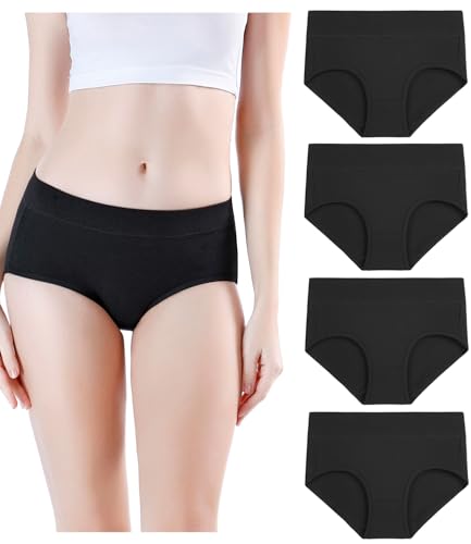wirarpa Damen Unterwäsche Slips Unterhosen Baumwolle 4er Pack Frauen Hipster Panty Schwarz Schwarz Medium (38/40)