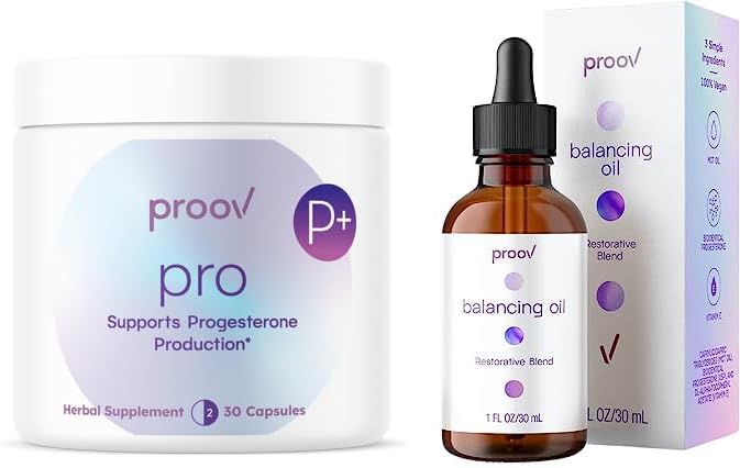 Proov Balance Bundle | Natural Fertility Supplement (Pro) + Balancing Oil with Progesterone (2500 mg bio-Identical USP) for face and Body, MCT Oil and Vitamin E Oil