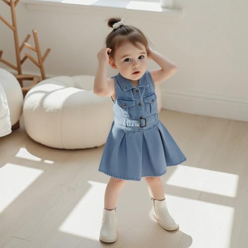 Toddler Girls Denim Dress Sleeveless Collared Neck Jean Shirt Dress Little Girl Dresses with Belt3