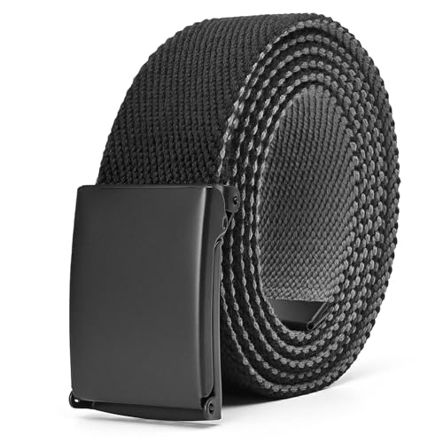 Men's Canvas Web Belt with Black Buckle, Black and Gray Reversible Striped Adjustable Work Belts