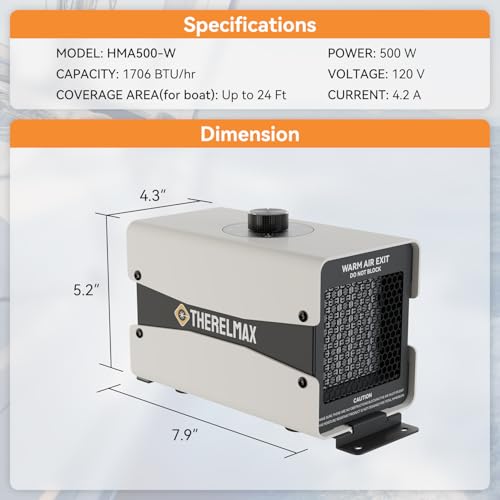 Image of Boat Engine Compartment Heater Built-in Thermostat, 500W Boat Cabin Heater with Safe PTC Element and Waterproof Fan HMA500 Multi-Use Boat Bilge Heater to Prevent Your Cabin Pump from Freezing, White