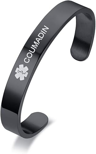 VNOX Pulsera médica personalizada con identificación de alerta de condición médica, brazalete de acero inoxidable, negroplatachapado en oro