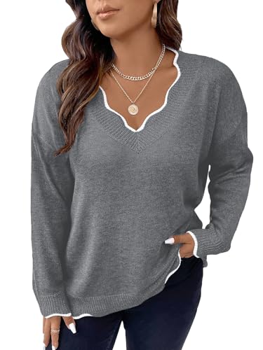 Image of MAKEMECHIC Women's Plus Size Long Sleeve Sweaters Scalloped V Neck Knit Cozy Sweater Pullover