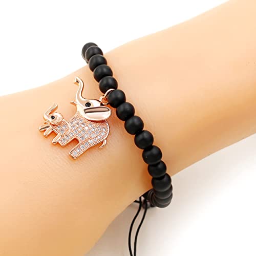 Image of Matte Agate Black Onyx /Turquoise Beads Bracelet, Good Luck Mom and Baby Elephant Bracelet, To My Mom Bracelet Gifts for Mothers Day from Daughter