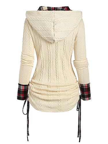 Image of ZEZCLO Women's Twisted Cable Knit Plaid Print Hooded Sweater Mock Button Ruched Shawl Neck Knit Top
