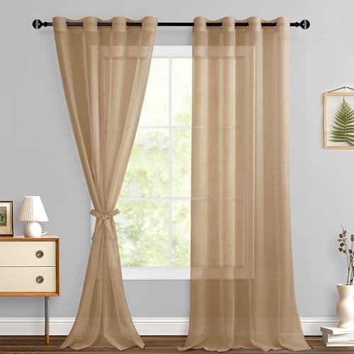 Hiasan Taupe Sheer Curtains with Tiebacks, Grommet, W52 x L96, 2 Panels