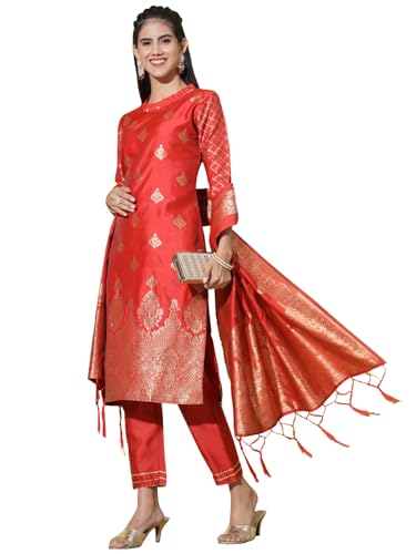 Image of VredeVogel Women's Cotton Silk Jacquard, Banarasi Silk Kurta Pant With Dupatta Set