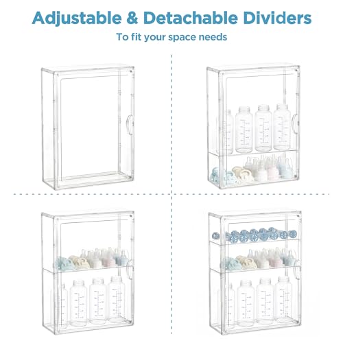 Image of HBlife Baby Bottle Storage Organizer Wall Mount, 3 Tiers Adjustable Clear Acrylic Bottles Storage Station Case Box Container with 2 Removable Dividers and Magnetic Door for Countertop Cabinet, Medium