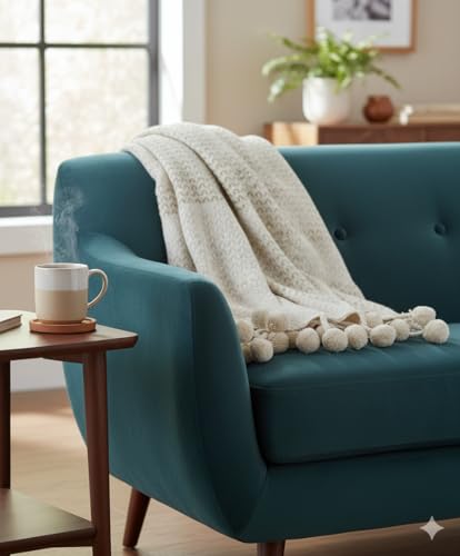 Image of HAKAM Biege Chevron Throw Blanket with Pom Poms | Soft Woven Decor for Couch, Bed, Living Room, Farmhouse Decorative | Cream Beige, 125x150 cm (Pack of 1)