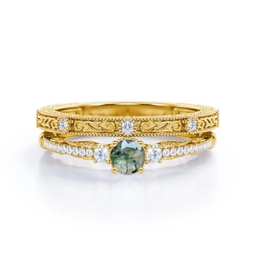 Moss Agate Ring Set Natural Moss Agate and Moissanite Engagement Ring for Women 10K 14k 18K White/Yellow/Rose Gold Moss Agate Engagement Ring Wedding Band Moss Agate Wedding Ring Set for Her2