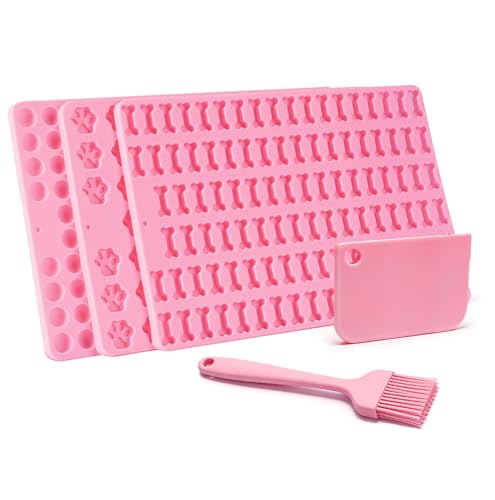 Mis.Moon 3er Set Silikon Backmatten für Hundekekse BPA-frei rutschfest mit Knochen- Pfoten- & runden Formen inkl. Teigschaber & Backpinsel für DIY Hundeleckerlis