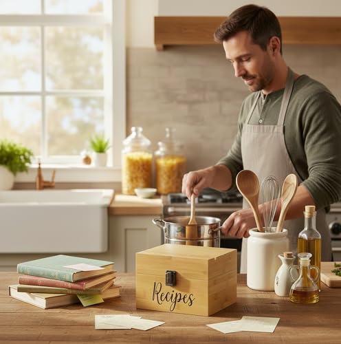 4"x6" Recipe Card Storage Box Phone/Tablet/Card Holders on Top Bamboo Wood Chest