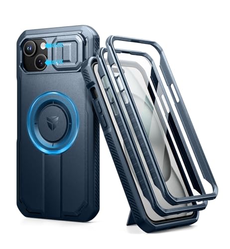 Dexnor iPhone 15 Plus��14 Plus�p �}�O�l�b�g�P�[�X - �X���C�h���J�����J�o�[�������\�L�b�N�X�^���h��������ʕی�t�B�����t�� �ϏՌ� �w�r�[�f���[�e�B �P�[�X(�u���[)