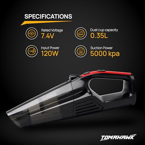 Image of Tomahawk TCV-126 Cordless Handheld Vacuum Cleaner, 120W 7.4V Rechargeable Car Vacuum, 5000KPA Suction, Wet & Dry Portable Vacuum for Home & Car, 0.35L Dust Cup, HEPA Filter, Lightweight for Pet Hair