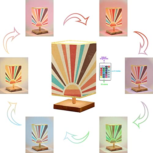 Beayucils Bedside Table Lamp Vintage Sun Retro Banner Colourful Grunge Sunburst Reading Small Desk Dimmable Flaxen Fabric Shade Wood Base For Living Room Bedroom Nightstand, Multicolor 4 #TOP5